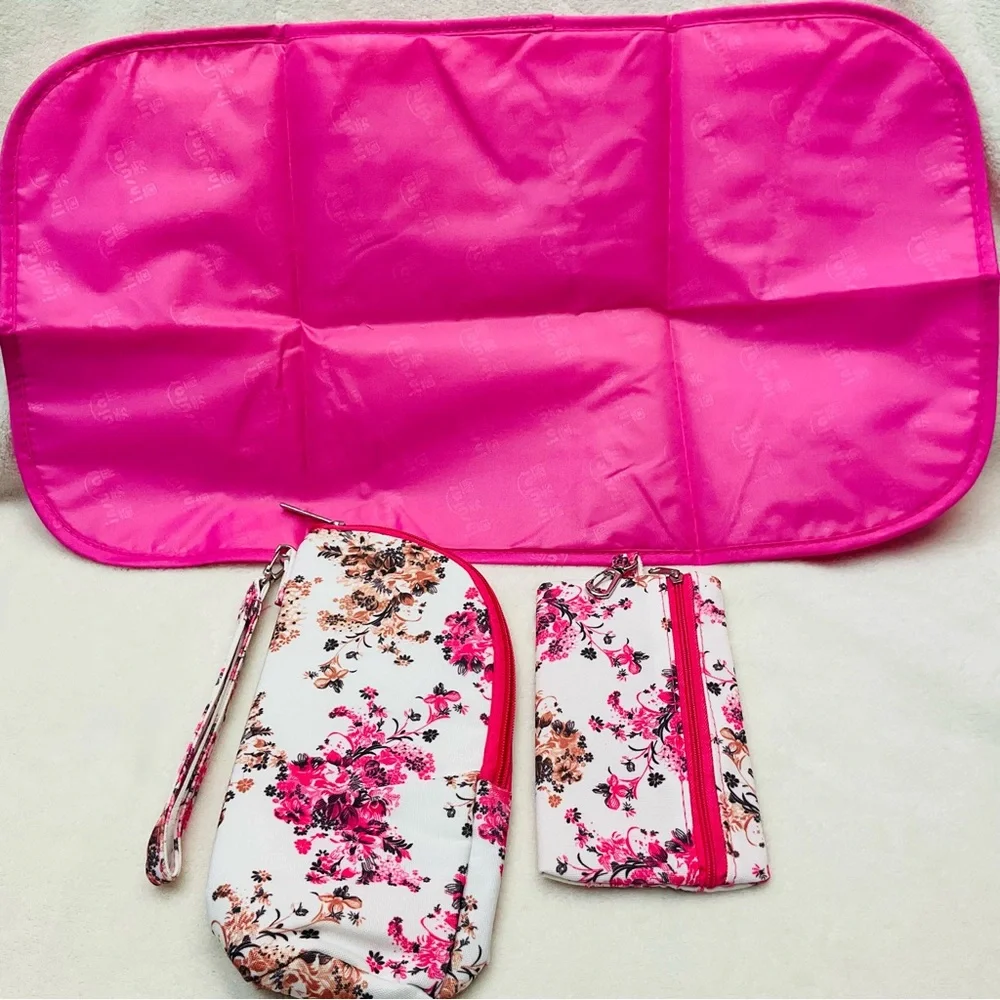 INSOLAR 15”x13” Floral Pink Baby Infant Insulated Diaper Bag - 4 Piece Set